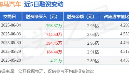 海马汽车：6月4日融资买入2326.17万元，融资融券余额2.95亿元