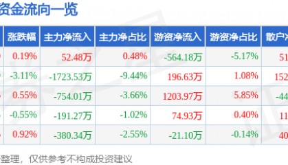 股票行情快报：二六三（002467）5月16日主力资金净买入52.48万元