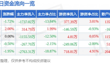 股票行情快报：新乡化纤（000949）5月28日主力资金净卖出1737.02万元