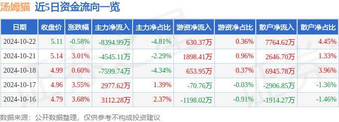股票行情快报：汤姆猫（300459）10月22日主力资金净卖出8394.99万元