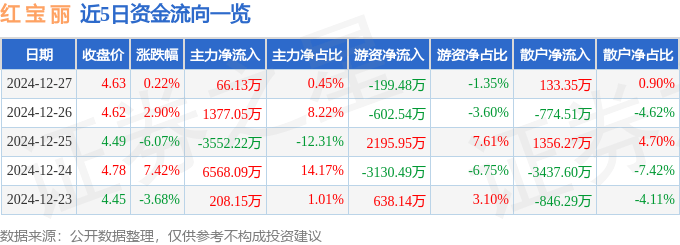 股票行情快报：红宝丽（002165）12月27日主力资金净买入66.13万元