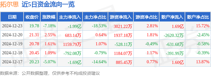 股票行情快报：拓尔思（300229）12月23日主力资金净卖出1.99亿元