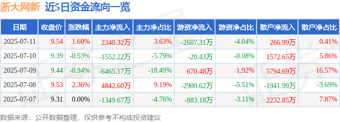 股票行情快报：浙大网新（600797）7月11日主力资金净买入2340.32万元
